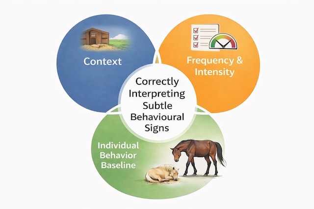 Diagram showing how subtle behavioural signs in horses should be assessed through context, frequency and intensity, and the individual behavioural baseline when considering possible early colic.